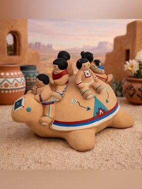 Vintage Teissedre Turtle Storyteller Sculpture 6 Children Southwestern 1990 USA